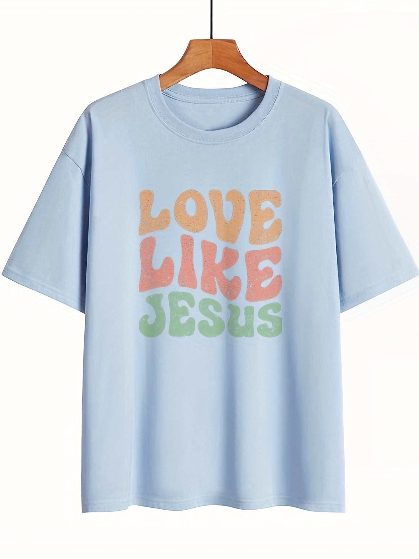 Love Like Jesus Print T-Shirt, Short Sleeve Crew Neck Casual Top For Spring & Summer, Women's Clothing