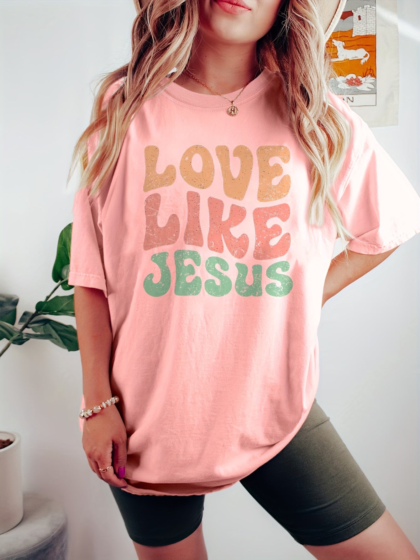 Love Like Jesus Print T-Shirt, Short Sleeve Crew Neck Casual Top For Spring & Summer, Women's Clothing