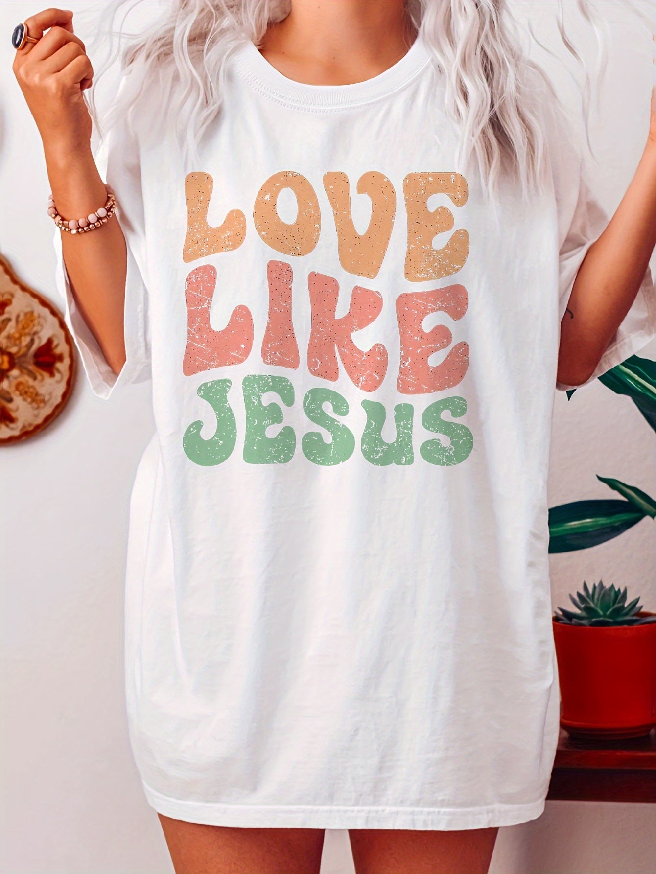 Love Like Jesus Print T-Shirt, Short Sleeve Crew Neck Casual Top For Spring & Summer, Women's Clothing