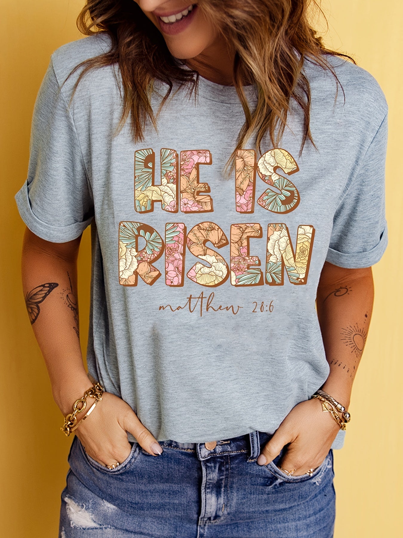 He Is Risen Print T-Shirt, Christian Faith Short Sleeve Crew Neck Casual Top For Spring & Summer, Women's Clothing