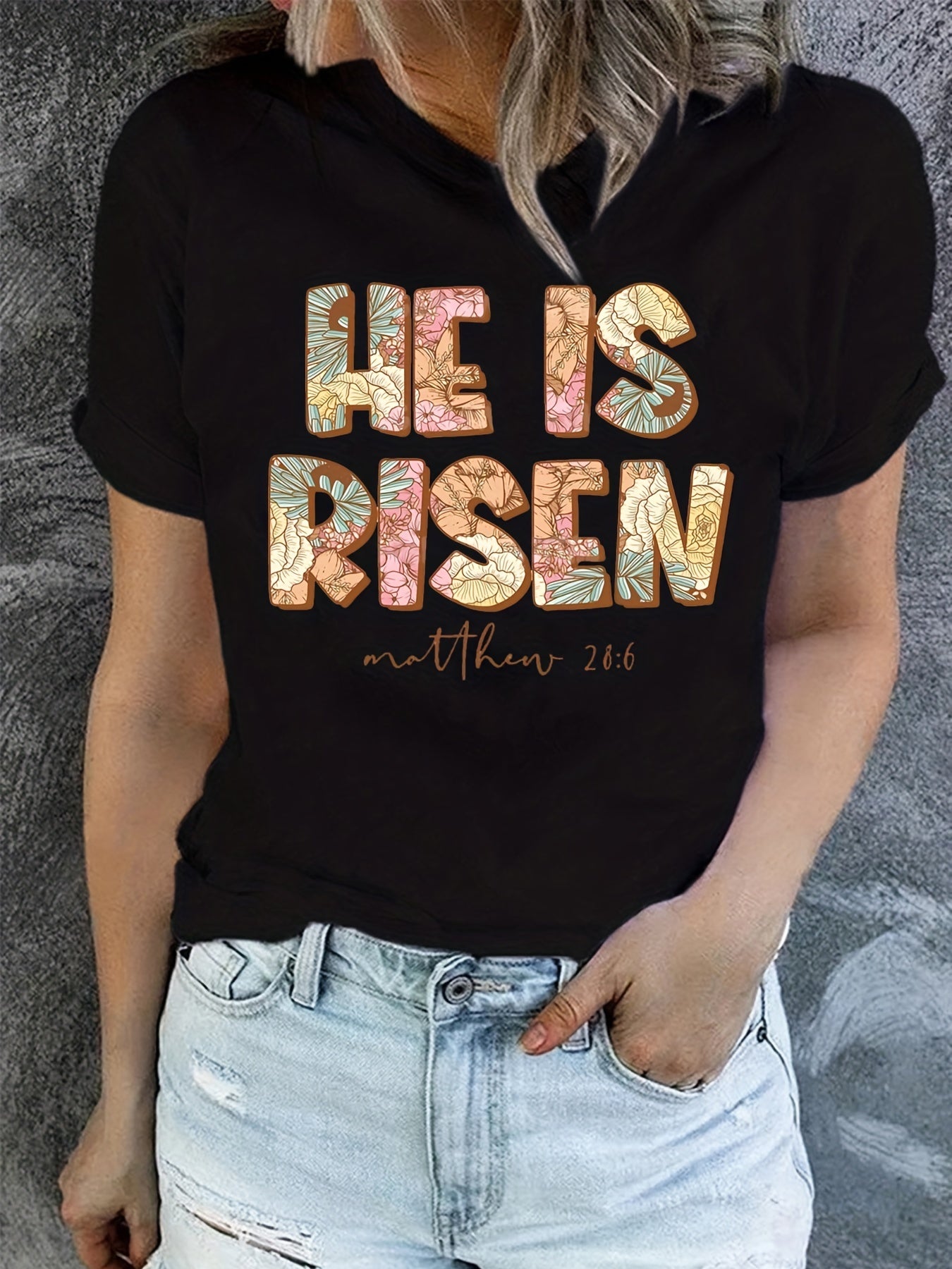 He Is Risen Print T-Shirt, Christian Faith Short Sleeve Crew Neck Casual Top For Spring & Summer, Women's Clothing