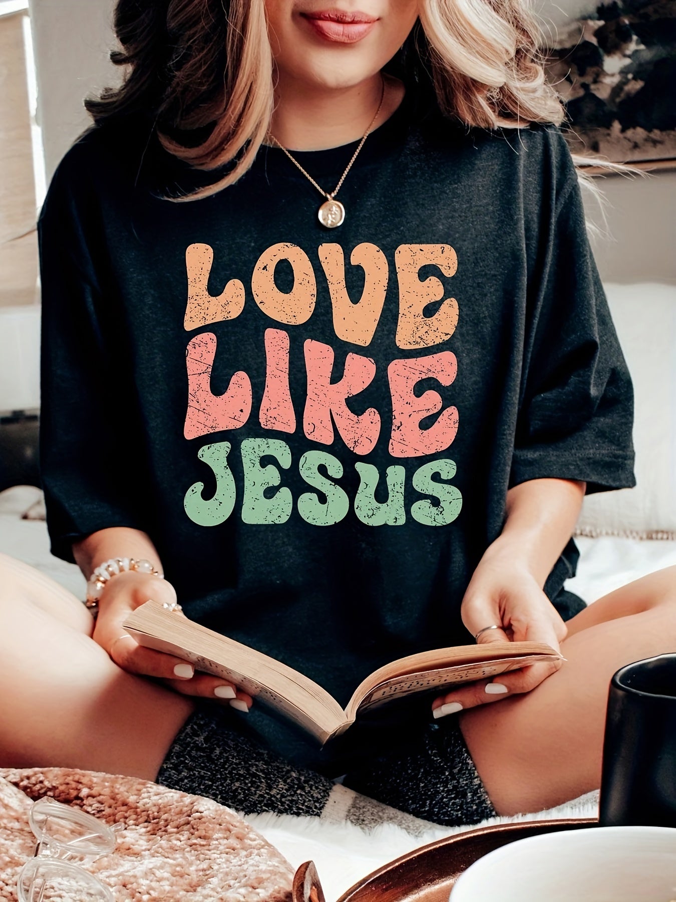 Love Like Jesus Print T-Shirt, Short Sleeve Crew Neck Casual Top For Spring & Summer, Women's Clothing