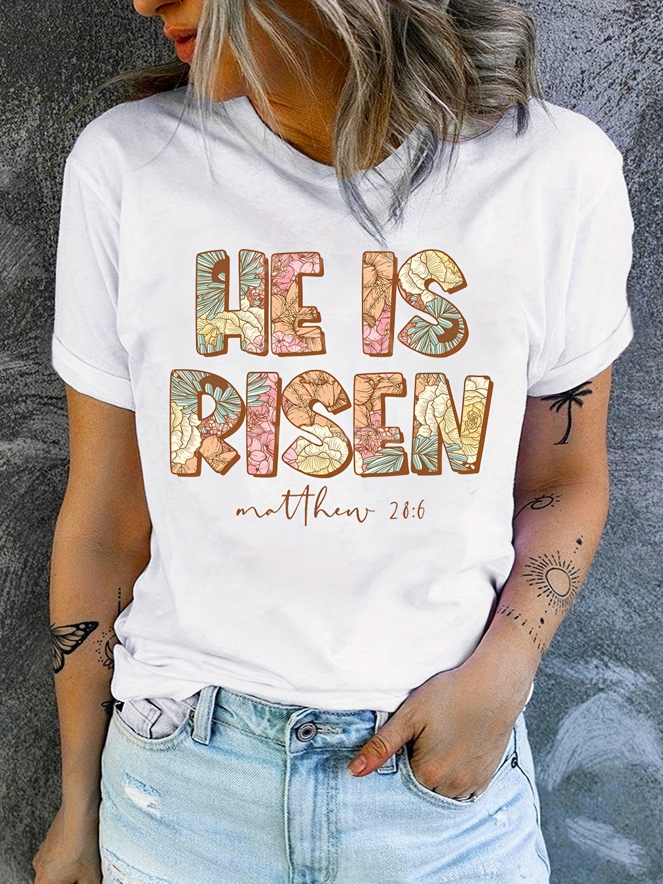 He Is Risen Print T-Shirt, Christian Faith Short Sleeve Crew Neck Casual Top For Spring & Summer, Women's Clothing