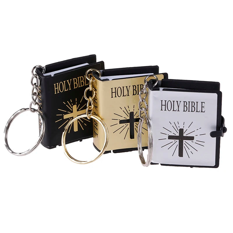 1Pc Mini English Holy Bible Keychain Religious Christian Jesus Cross Key Ring 4*3.4*1.1cm