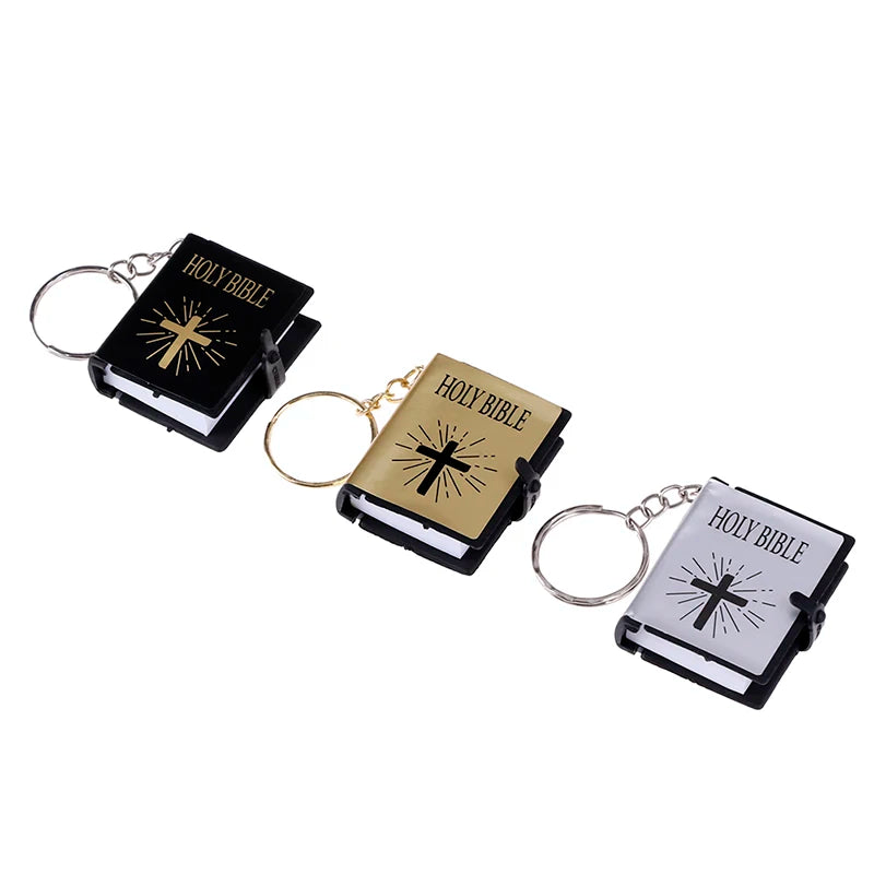 1Pc Mini English Holy Bible Keychain Religious Christian Jesus Cross Key Ring 4*3.4*1.1cm