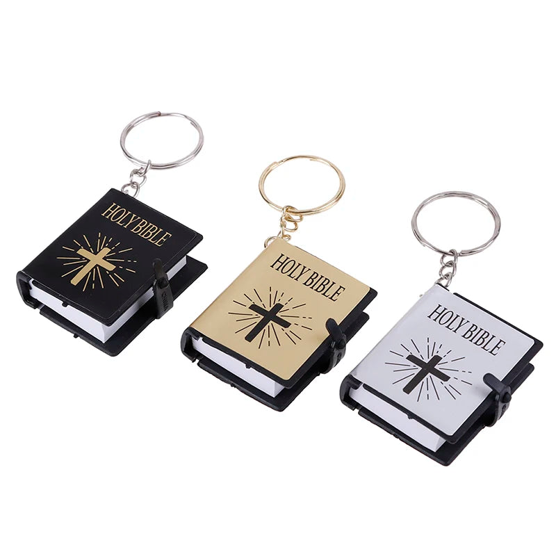 1Pc Mini English Holy Bible Keychain Religious Christian Jesus Cross Key Ring 4*3.4*1.1cm