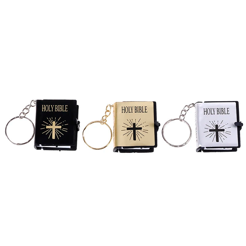 1Pc Mini English Holy Bible Keychain Religious Christian Jesus Cross Key Ring 4*3.4*1.1cm