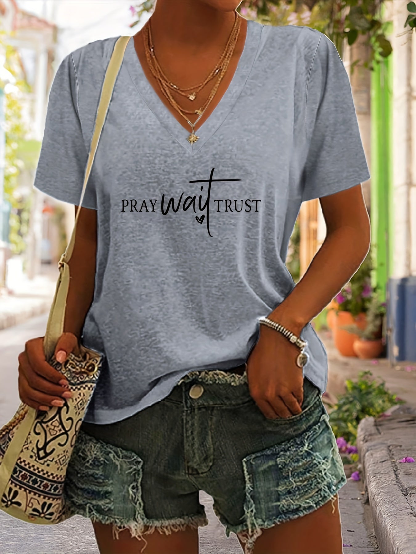 Pray & Cross Print Christian T-Shirt, Short Sleeve V Neck Casual Top For Summer & Spring, Women's Clothing