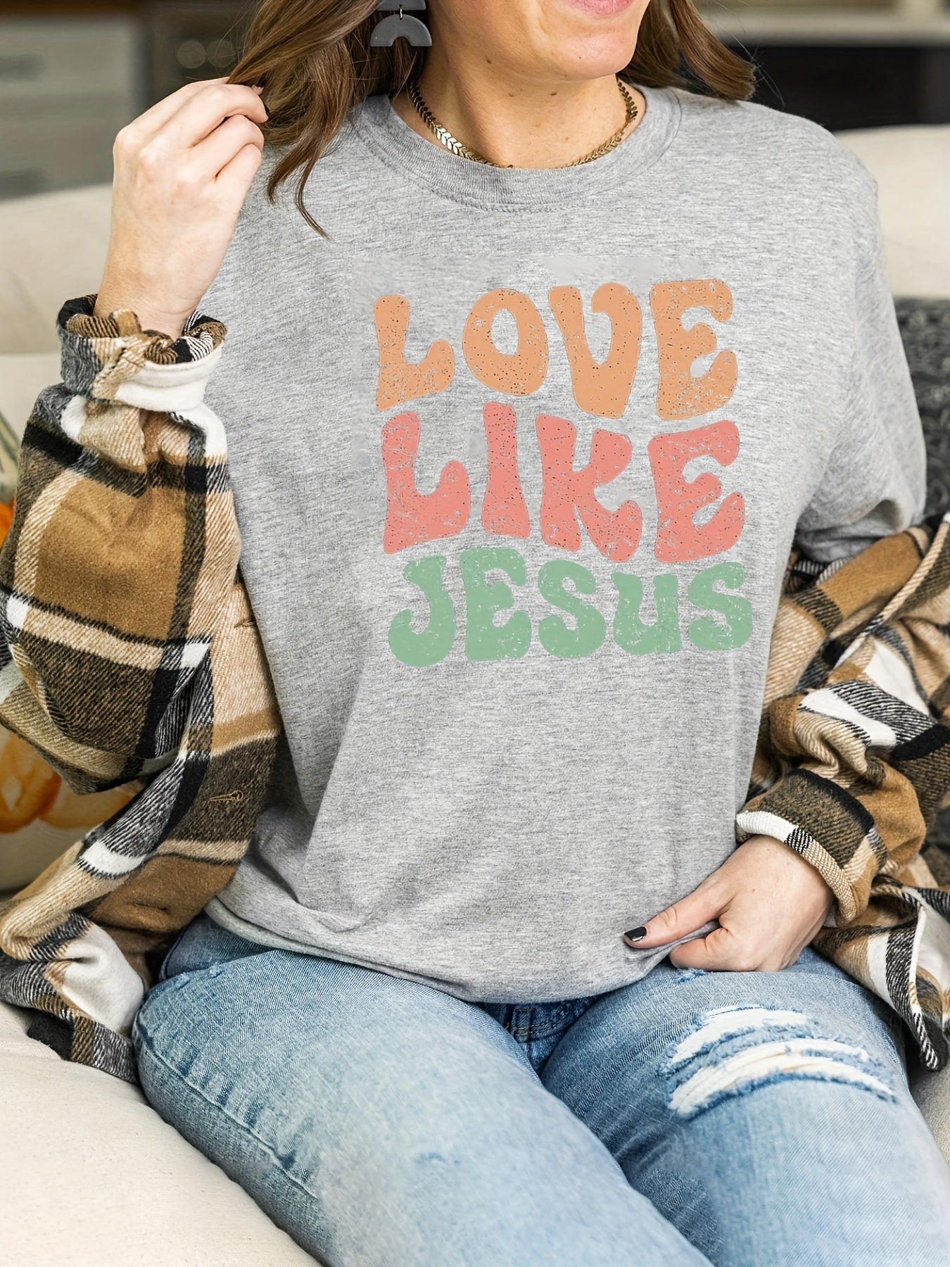 Love Like Jesus Print T-Shirt, Short Sleeve Crew Neck Casual Top For Spring & Summer, Women's Clothing