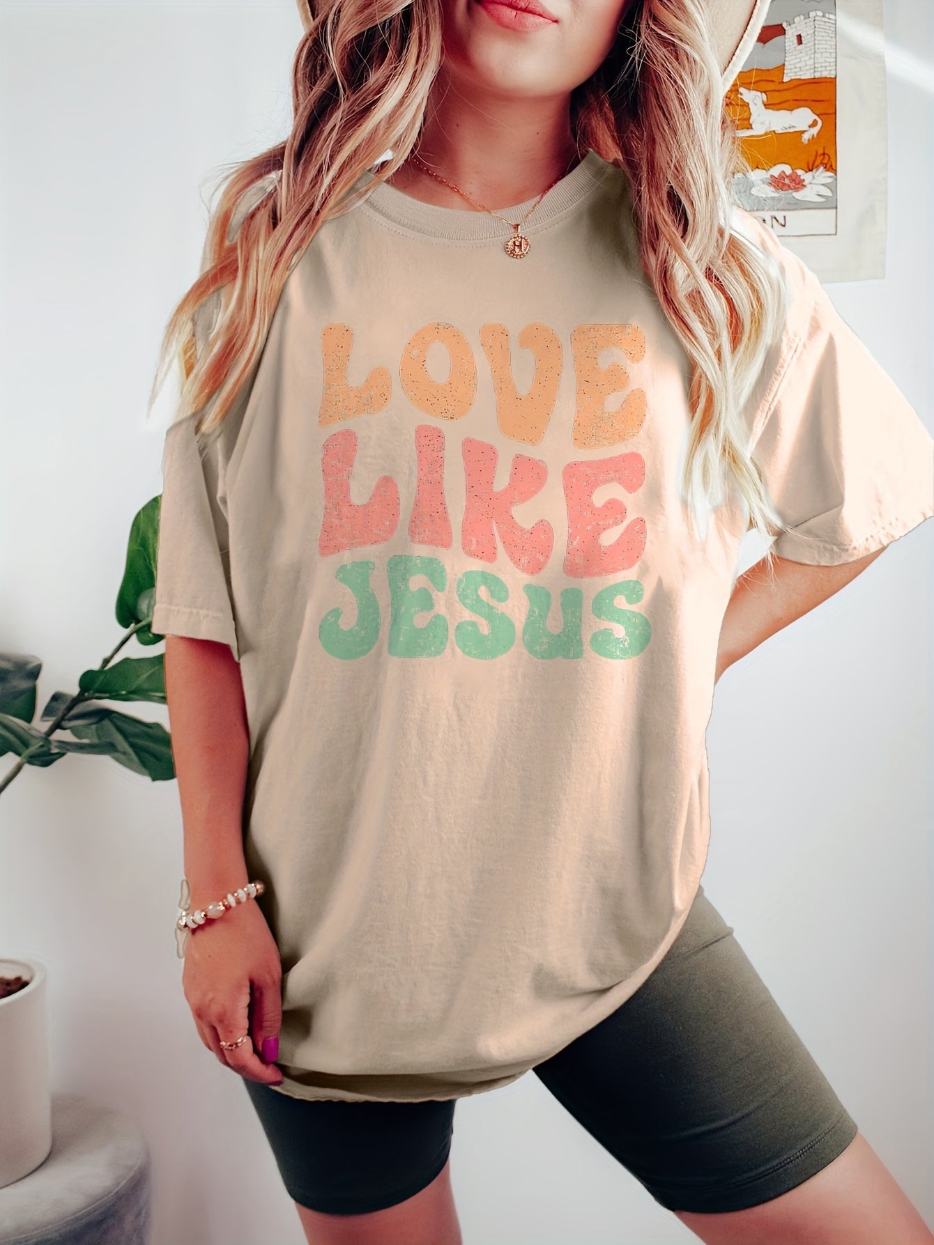 Love Like Jesus Print T-Shirt, Short Sleeve Crew Neck Casual Top For Spring & Summer, Women's Clothing