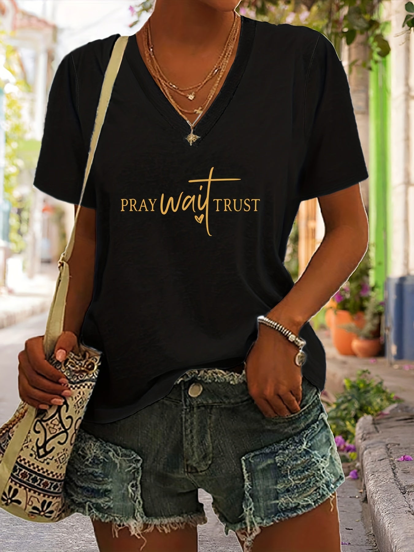 Pray & Cross Print Christian T-Shirt, Short Sleeve V Neck Casual Top For Summer & Spring, Women's Clothing