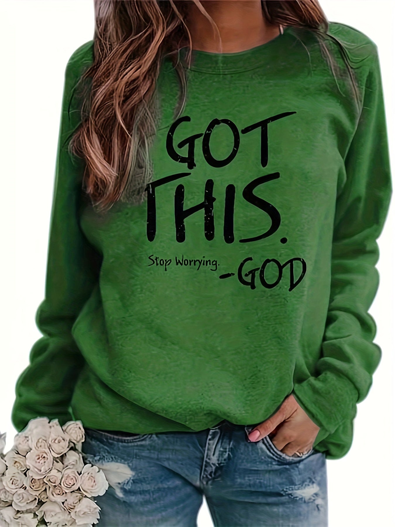 Christian God Print Sweatshirt, Casual Long Sleeve Crew Neck Sweatshirt, Women's Clothing